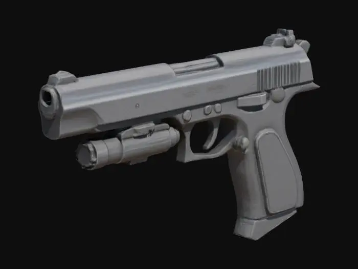 3D model for A sleek photorealistic modern compact covert spy gun in its natural black finish, highly detailed, realistic lighting, with 1980's style large weapon attachments 