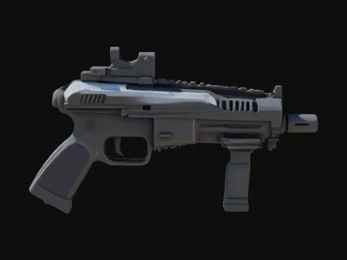 3D model for A sleek photorealistic modern compact covert submachinepistol in its natural black finish, highly detailed, realistic lighting, with 1980's style large weapon attachments