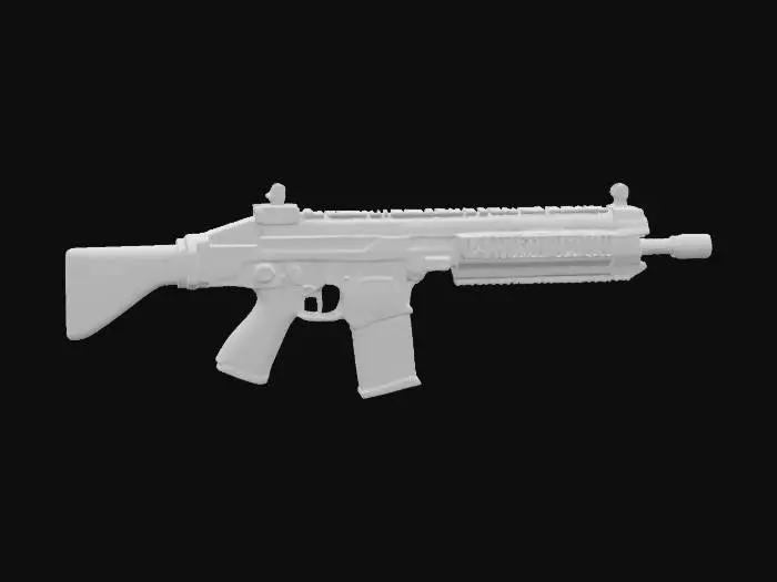 3D model for A sleek photorealistic modern machine pistol in its natural black finish, highly detailed, realistic lighting, with 1980's style large weapon attachments 