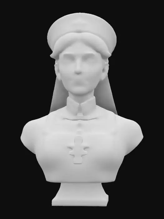 3D model for Beautiful female bust, World War One British Nurse with a veil-style cap, wearing a period-accurate high-collared dress and full-length white apron, adorned with a large red cross (#BF1B2C) on the chest. Her skin is fair (#F5D7C4), eyes deep blue (#2A4D8C), and hair auburn (#8B4513), neatly tucked under the cap. The fabric has realistic texture, deeply refined detail, extremely sharp, strong, and proud expression. #women#