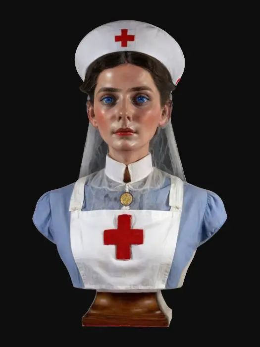 3D model for Beautiful female bust, World War One British Nurse with a veil-style cap, wearing a period-accurate high-collared dress and full-length white apron, adorned with a large red cross (#BF1B2C) on the chest. Her skin is fair (#F5D7C4), eyes deep blue (#2A4D8C), and hair auburn (#8B4513), neatly tucked under the cap. The fabric has realistic texture, deeply refined detail, extremely sharp, strong, and proud expression. #women#