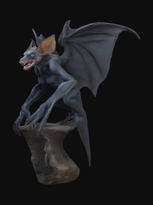 3D model for photorealistic, female, Create a hyper-realistic Andromorphic-bat hybrid character perching intimidatingly, The creature has a sleek, agile body, sharp raptor-like claws, and long powerful wings stretching from its back wide open. Its head is a mix of a fierce snout with bat-like features, including keen blue eyes and sharp rows of teeth. Ideal for a fast-moving, predatory game character, #game figure#