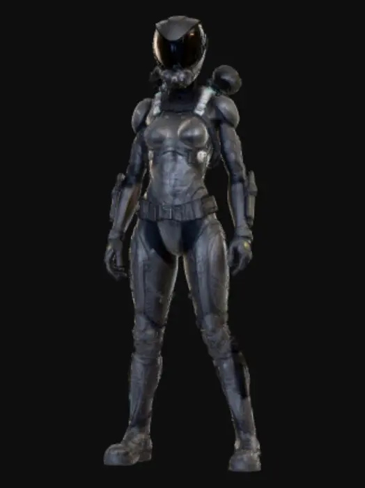 3D model for Evil Opaque Dome chemical warfare, combat helmet exaggerated cobra themed chemical warfare villaness combat suit Photoreal PBR full-body female tactical mini-boss; identity hidden. Smoked mirror visor with faint rotating polarization ring and compact rebreather. Matte-black tech suit with fitted soft armor and glossy bio-ceramic plates, carbon-fiber ribs; cobra-hood collar, tapered waist. Signature left-forearm chem-bracer: transparent microfluidic ampoules/channels glowing venom-green. Right forearm compact launcher with louvered vents. Low-profile spine spool; MOLLE belt with coin puck beacons (tiny white LEDs). Suppressed PDW on sling. Armored gloves/boots. No logos/text. Powerful athletic body build, #villain#