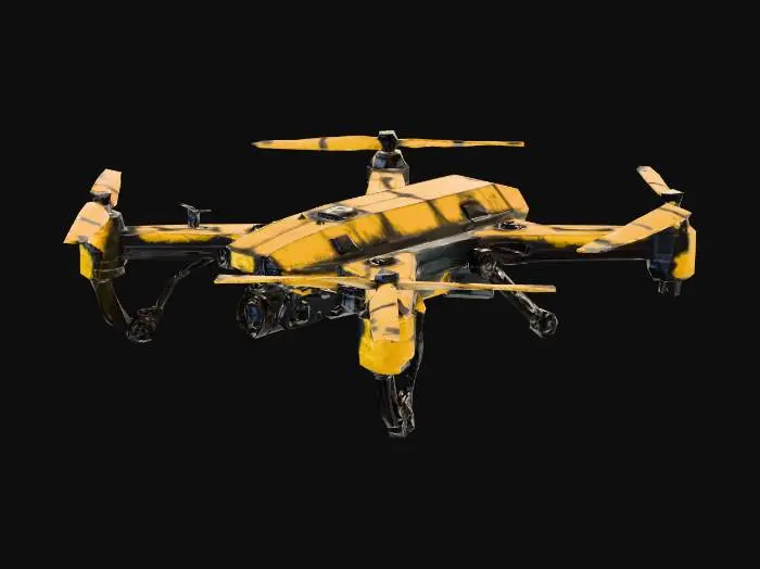 3D model for futuristic, worn out, stained, yellow and black colored defense drone