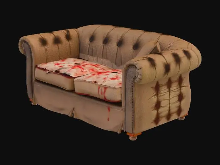 3D model for Old dirty sofa, discarded furniture, ripped fabric, stained upholstery, worn out couch, urban debris, realistic style