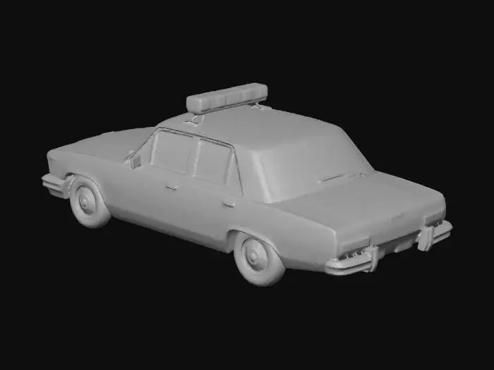 3D model for Old police cruiser car, stripped parts, missing tires, smashed windshield, graffiti on the door, dirty white paint, urban decay prop, realistic