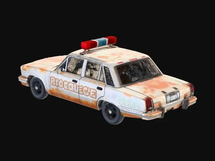 3D model for Old police cruiser car, stripped parts, missing tires, smashed windshield, graffiti on the door, dirty white paint, urban decay prop, realistic