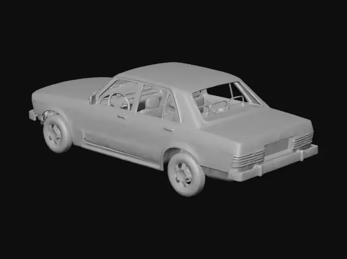 3D model for Wrecked sedan car body, burnt metal texture, no wheels, shattered windows, rusted chassis, abandoned vehicle, post-apocalyptic style, game asset