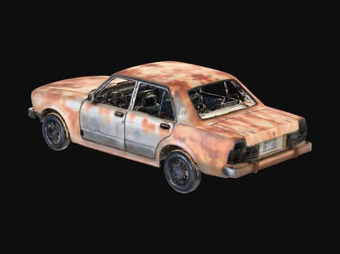 3D model for Wrecked sedan car body, burnt metal texture, no wheels, shattered windows, rusted chassis, abandoned vehicle, post-apocalyptic style, game asset