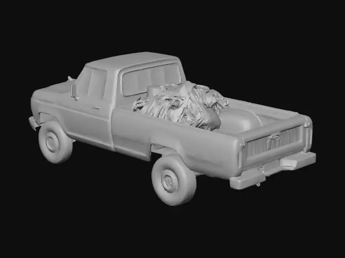 3D model for Rusted pickup truck, flat tires, dented hood, peeling paint, open tailgate, abandoned street vehicle, industrial waste, realistic 3d model