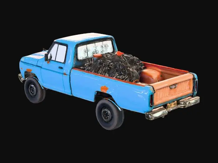 3D model for Rusted pickup truck, flat tires, dented hood, peeling paint, open tailgate, abandoned street vehicle, industrial waste, realistic 3d model