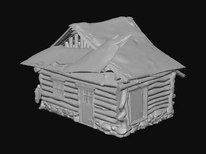 3D model for Old crooked wooden shack, heavy moss on roof, leaning timber beams, mysterious vibe
, rustic wooden village style, weathered timber texture, medieval rural architecture, mossy stone foundation, realistic game asset, 4k pbr texture, neutral lighting