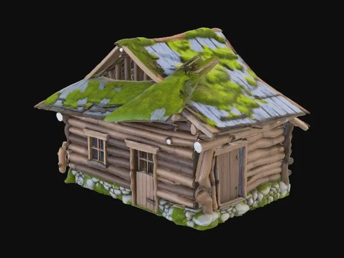 3D model for Old crooked wooden shack, heavy moss on roof, leaning timber beams, mysterious vibe
, rustic wooden village style, weathered timber texture, medieval rural architecture, mossy stone foundation, realistic game asset, 4k pbr texture, neutral lighting