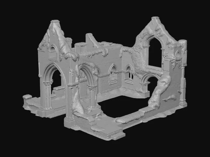 3D model for Ruins of an old stone church, walls partially standing, no roof, overgrown arches, broken stained glass window frames

, historic stone architecture, mossy ancient stone walls, terracotta tiled roofs, cobblestone textures, medieval European town vibe, ironwork details, realistic game asset, 4k pbr textures