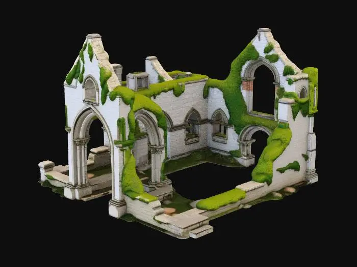 3D model for Ruins of an old stone church, walls partially standing, no roof, overgrown arches, broken stained glass window frames

, historic stone architecture, mossy ancient stone walls, terracotta tiled roofs, cobblestone textures, medieval European town vibe, ironwork details, realistic game asset, 4k pbr textures