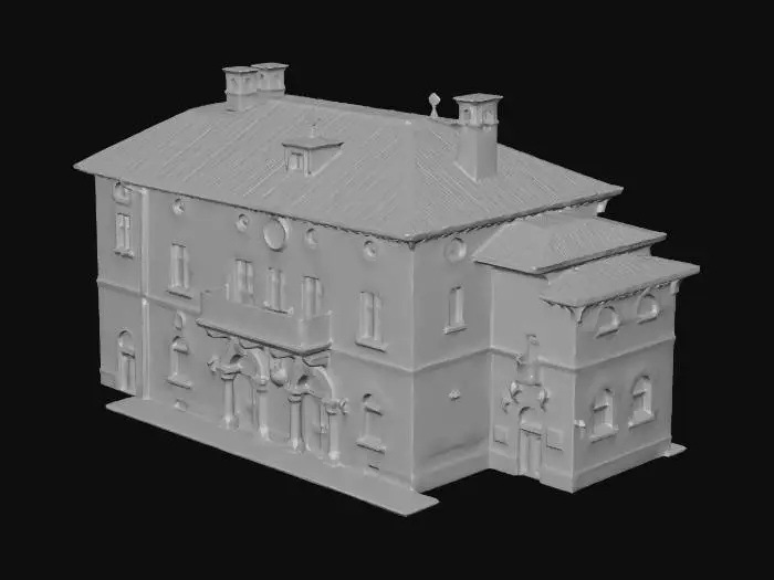 3D model for Large two-story stone town hall building, arched entrance door, small balcony above, clock face on the facade

, historic stone architecture, mossy ancient stone walls, terracotta tiled roofs, cobblestone textures, medieval European town vibe, ironwork details, realistic game asset, 4k pbr textures