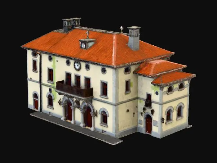 3D model for Large two-story stone town hall building, arched entrance door, small balcony above, clock face on the facade

, historic stone architecture, mossy ancient stone walls, terracotta tiled roofs, cobblestone textures, medieval European town vibe, ironwork details, realistic game asset, 4k pbr textures