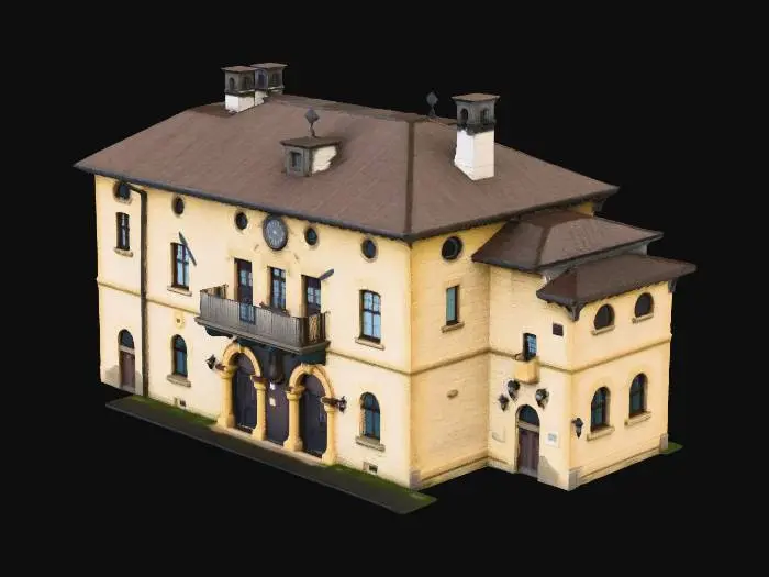 3D model for Large two-story stone town hall building, arched entrance door, small balcony above, clock face on the facade

, historic stone architecture, mossy ancient stone walls, terracotta tiled roofs, cobblestone textures, medieval European town vibe, ironwork details, realistic game asset, 4k pbr textures