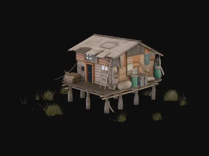 3D model for Larger house raised on tall wooden stilts over water, walls are a mix of wood and flattened metal barrels, rope ladder access

, shanty town style, patchwork materials (rusty metal sheets, old tarp, mismatched wood planks), built on stilts over swampy ground, muddy textures, overgrown reeds, survivalist aesthetic, game asset