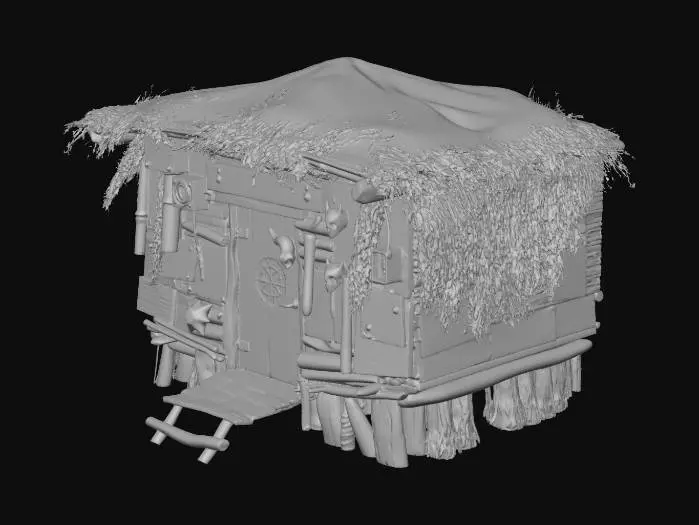 3D model for Strange hut covered in dried herbs, animal bones hanging outside, mystical symbols painted on door

, shanty town style, patchwork materials (rusty metal sheets, old tarp, mismatched wood planks), built on stilts over swampy ground, muddy textures, overgrown reeds, survivalist aesthetic, game asset