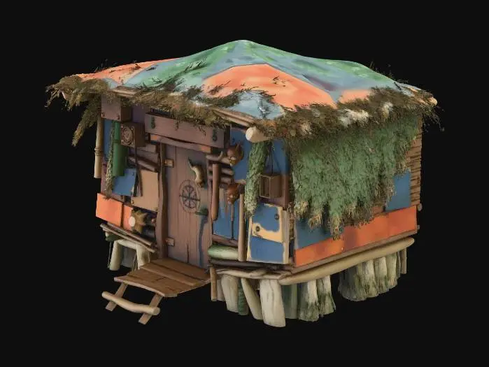 3D model for Strange hut covered in dried herbs, animal bones hanging outside, mystical symbols painted on door

, shanty town style, patchwork materials (rusty metal sheets, old tarp, mismatched wood planks), built on stilts over swampy ground, muddy textures, overgrown reeds, survivalist aesthetic, game asset