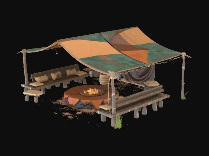3D model for Open-air structure with a large fire pit in the center, benches made of logs, canopy made of old sails

, shanty town style, patchwork materials (rusty metal sheets, old tarp, mismatched wood planks), built on stilts over swampy ground, muddy textures, overgrown reeds, survivalist aesthetic, game asset