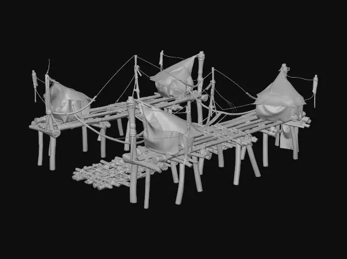 3D model for Simple rope bridge segment spanning a gap

, shanty town style, patchwork materials (rusty metal sheets, old tarp, mismatched wood planks), built on stilts over swampy ground, muddy textures, overgrown reeds, survivalist aesthetic, game asset