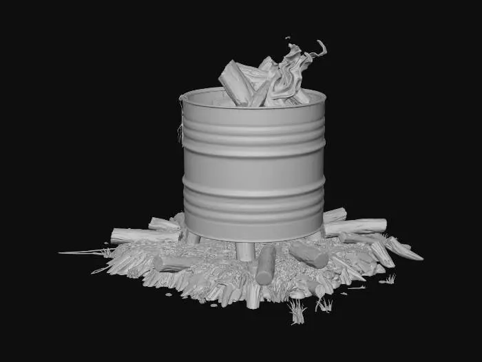 3D model for Metal barrel fire pit, burning, with smoke effect implied

, shanty town style, patchwork materials (rusty metal sheets, old tarp, mismatched wood planks), built on stilts over swampy ground, muddy textures, overgrown reeds, survivalist aesthetic, game asset
