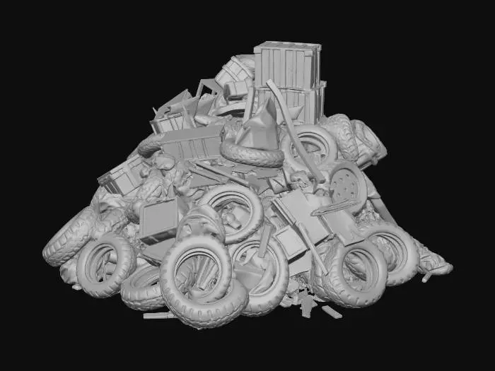 3D model for Pile of mixed trash: old tires, plastic crates, rusty junk
, shanty town style, patchwork materials (rusty metal sheets, old tarp, mismatched wood planks), built on stilts over swampy ground, muddy textures, overgrown reeds, survivalist aesthetic, game asset