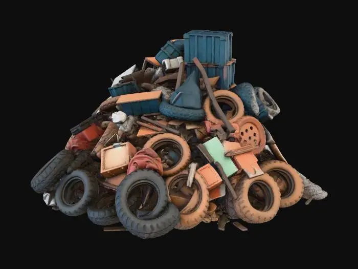 3D model for Pile of mixed trash: old tires, plastic crates, rusty junk
, shanty town style, patchwork materials (rusty metal sheets, old tarp, mismatched wood planks), built on stilts over swampy ground, muddy textures, overgrown reeds, survivalist aesthetic, game asset