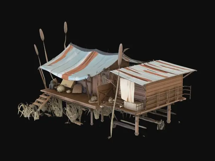 3D model for Dense patch of tall swamp reeds and cattails

, shanty town style, patchwork materials (rusty metal sheets, old tarp, mismatched wood planks), built on stilts over swampy ground, muddy textures, overgrown reeds, survivalist aesthetic, game asset