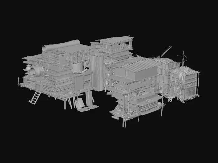 3D model for Barricade made of stacked junk, old furniture, and sheet metal (cover)

, shanty town style, patchwork materials (rusty metal sheets, old tarp, mismatched wood planks), built on stilts over swampy ground, muddy textures, overgrown reeds, survivalist aesthetic, game asset
