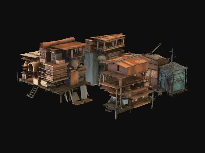 3D model for Barricade made of stacked junk, old furniture, and sheet metal (cover)

, shanty town style, patchwork materials (rusty metal sheets, old tarp, mismatched wood planks), built on stilts over swampy ground, muddy textures, overgrown reeds, survivalist aesthetic, game asset