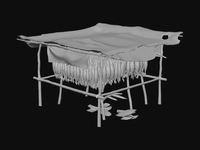 3D model for Rack for drying fish or animal skins

, shanty town style, patchwork materials (rusty metal sheets, old tarp, mismatched wood planks), built on stilts over swampy ground, muddy textures, overgrown reeds, survivalist aesthetic, game asset
