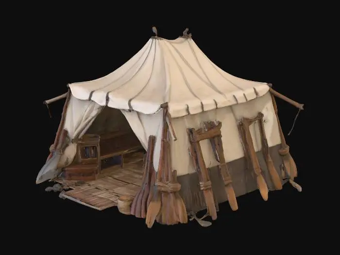 3D model for Makeshift gang hideout tent made of ship sails and oars, harbor style, salt-corroded wood, rusty metal, maritime aesthetic, 4k pbr