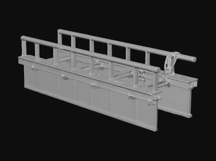 3D model for Rusted catwalk segment with broken metal railings, derelict industrial style, red brick walls, heavily rusted metal, broken glass, post-apocalyptic vibe, 4k pbr