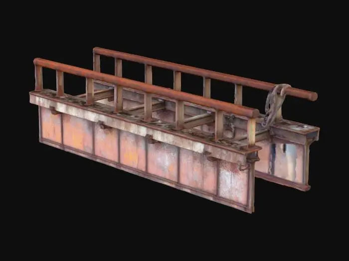 3D model for Rusted catwalk segment with broken metal railings, derelict industrial style, red brick walls, heavily rusted metal, broken glass, post-apocalyptic vibe, 4k pbr