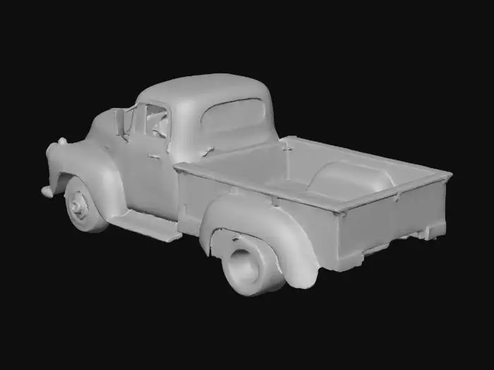 3D model for Large rusted farm pickup truck, rustic rural farm setup, weathered red barn wood, agricultural tools, muddy fields, peaceful but abandoned vibe, realistic game asset, 4k pbr textures