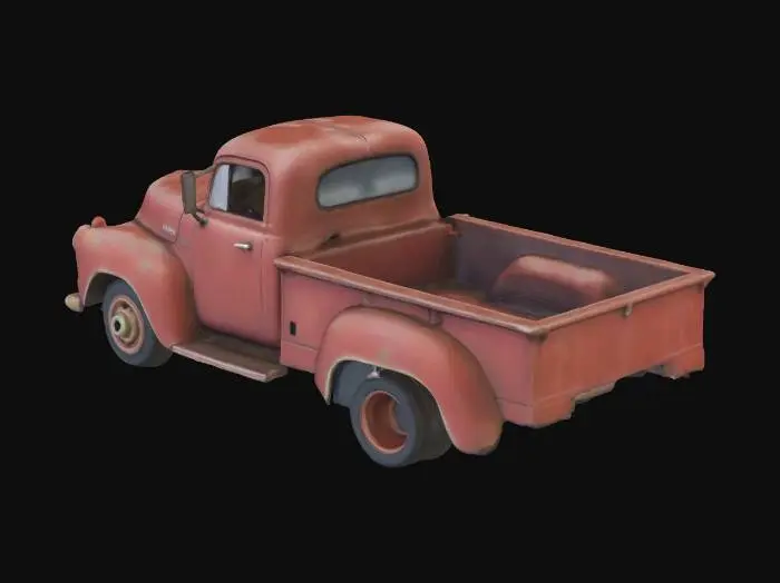 3D model for Large rusted farm pickup truck, rustic rural farm setup, weathered red barn wood, agricultural tools, muddy fields, peaceful but abandoned vibe, realistic game asset, 4k pbr textures