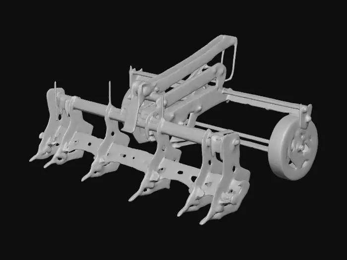 3D model for Rusty metal plow attachment for a tractor, rustic rural farm setup, weathered red barn wood, agricultural tools, realistic game asset, 4k pbr