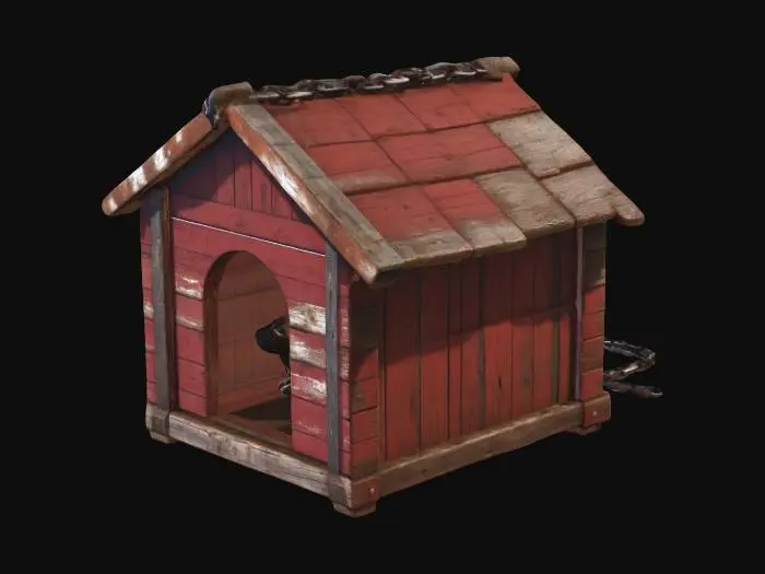 3D model for Farm doghouse made of scrap wood, with a rusty chain attached, rustic rural farm setup, weathered red barn wood, agricultural tools, realistic game asset, 4k pbr