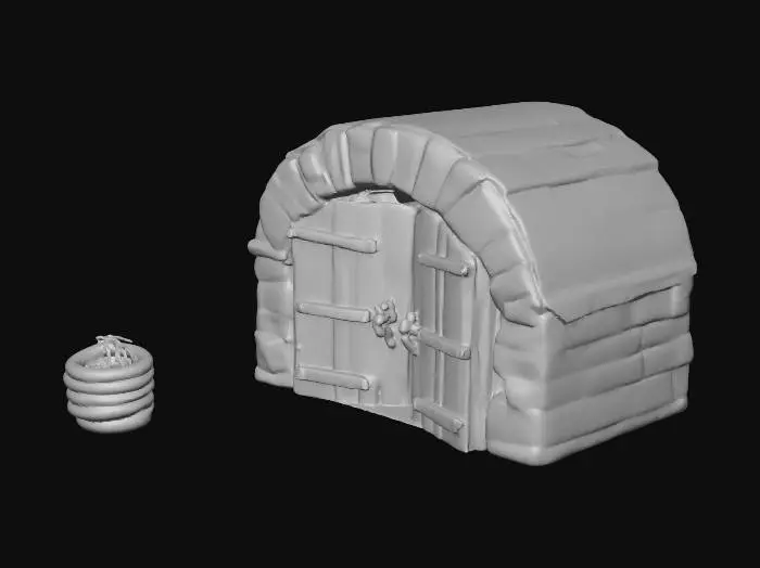 3D model for Stone cellar doors leading underground, built into a grassy hill, rustic rural farm setup, weathered red barn wood, agricultural tools, realistic game asset, 4k pbr