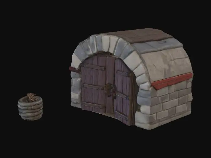 3D model for Stone cellar doors leading underground, built into a grassy hill, rustic rural farm setup, weathered red barn wood, agricultural tools, realistic game asset, 4k pbr