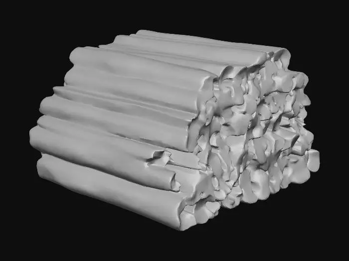 3D model for Pile of cut wooden logs ready for the fireplace, rustic rural farm setup, weathered red barn wood, agricultural tools, realistic game asset, 4k pbr