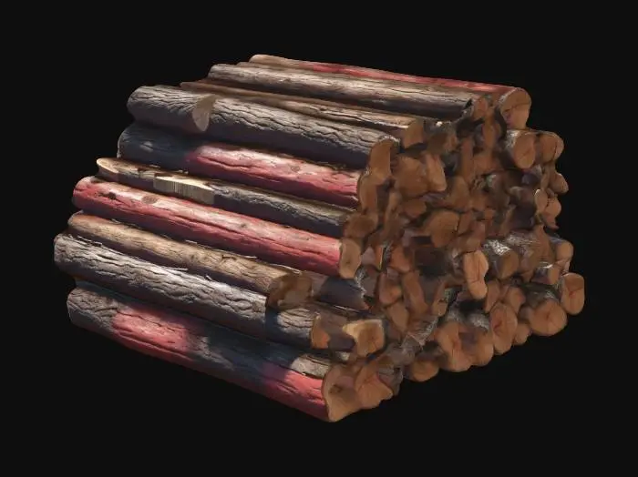 3D model for Pile of cut wooden logs ready for the fireplace, rustic rural farm setup, weathered red barn wood, agricultural tools, realistic game asset, 4k pbr