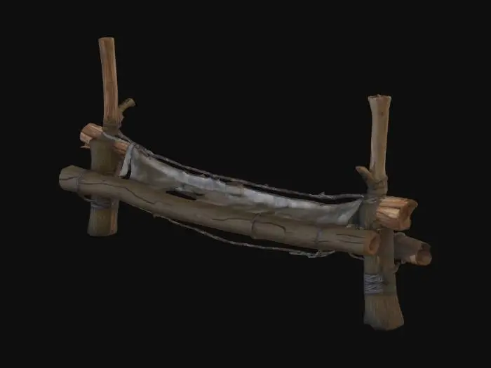 3D model for Overgrown dirt road barrier made of a felled tree and barbed wire, dense forest camp style, camouflaged tarps, muddy terrain covered in pine needles, realistic game asset, 4k pbr