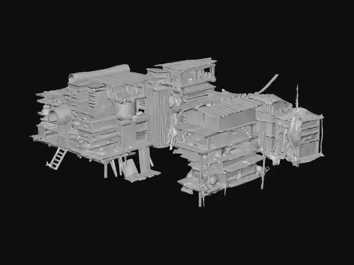 3D model for Barricade made of stacked junk, old furniture, and sheet metal (cover)

, shanty town style, patchwork materials (rusty metal sheets, old tarp, mismatched wood planks), built on stilts over swampy ground, muddy textures, overgrown reeds, survivalist aesthetic, game asset