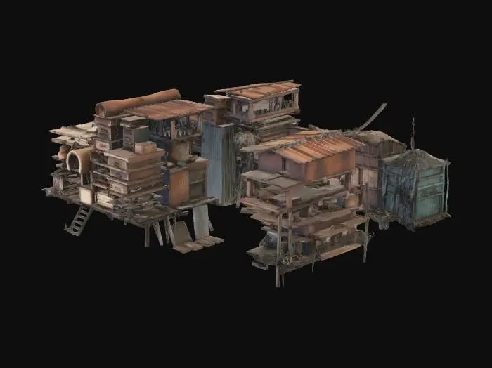 3D model for Barricade made of stacked junk, old furniture, and sheet metal (cover)

, shanty town style, patchwork materials (rusty metal sheets, old tarp, mismatched wood planks), built on stilts over swampy ground, muddy textures, overgrown reeds, survivalist aesthetic, game asset