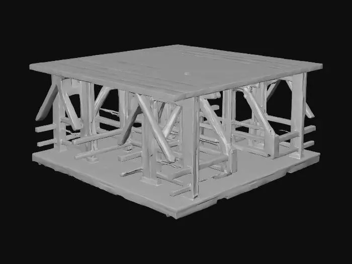 3D model for Wooden bridge over a dried irrigation canal, rustic rural farm setup, weathered red barn wood, agricultural tools, muddy fields, peaceful but abandoned vibe, realistic game asset, 4k pbr textures