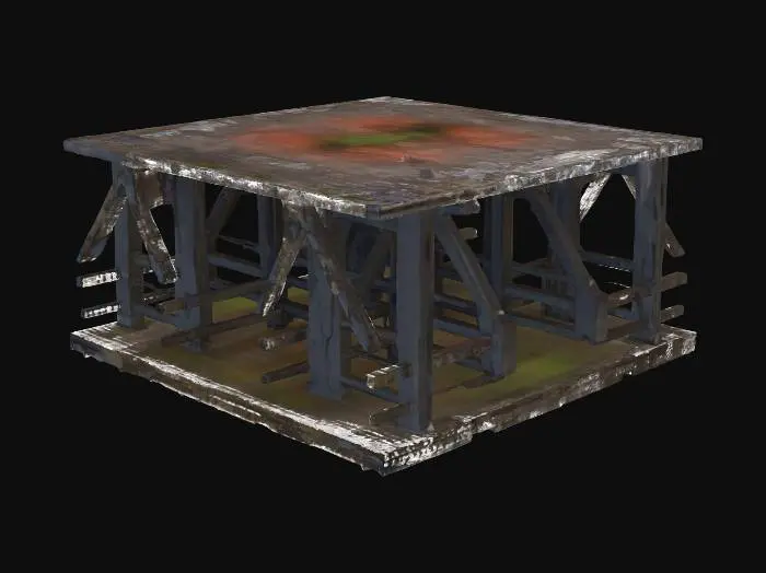 3D model for Wooden bridge over a dried irrigation canal, rustic rural farm setup, weathered red barn wood, agricultural tools, muddy fields, peaceful but abandoned vibe, realistic game asset, 4k pbr textures
